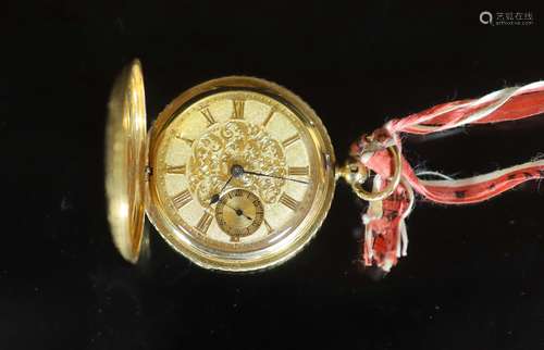 A Victorian engraved 18ct gold hunter keywind hunter fob wat...