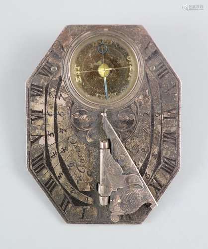 A cased French silver Butterfield-type pocket sundial / comp...