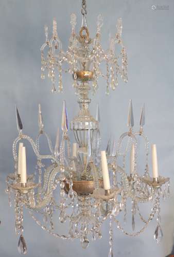 A large George III cut-glass six light chandelier, c.1780,su...