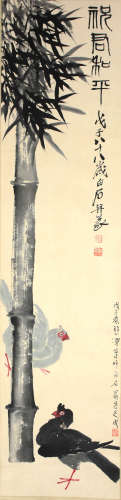 A Chinese Bamboo Painting Paper Scroll, Qi Baish And Xu Beih...