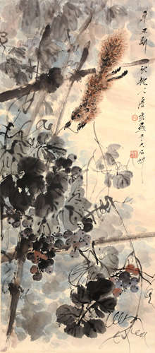 A Chinese Squirrels Painting Paper Scroll, Tang Yun Mark