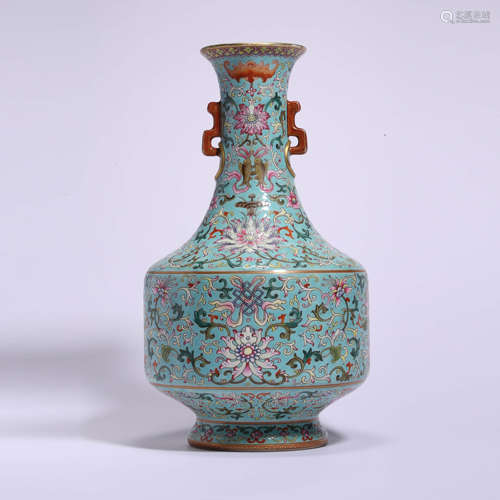 A Turquoise-Ground Famille Rose Interlocking Flowers Vase