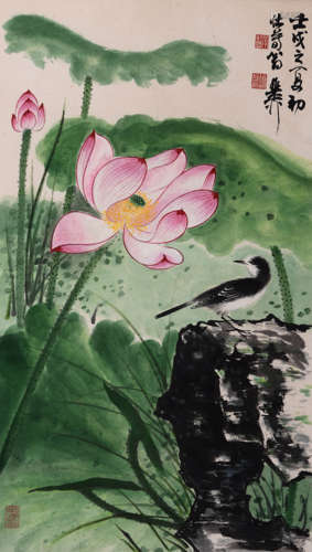 A Chinese Lotus Pond And Bird Painting Paper Scroll, Xie Zhi...