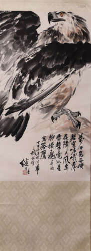 A Chines Eagle Painting Paper Scroll, Liu Jixiao Mark