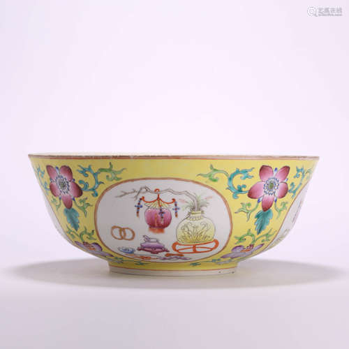 A Yellow-Ground Famille Rose Floral Bowl