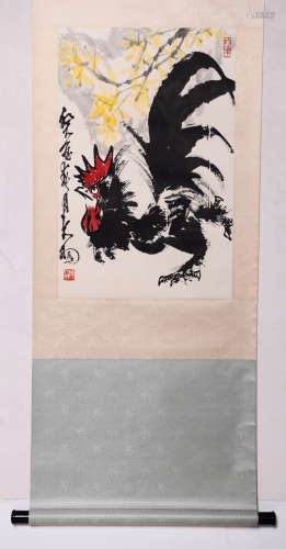 A Chinese Rooster Painting Paper Scroll, Chen Dayu Mark