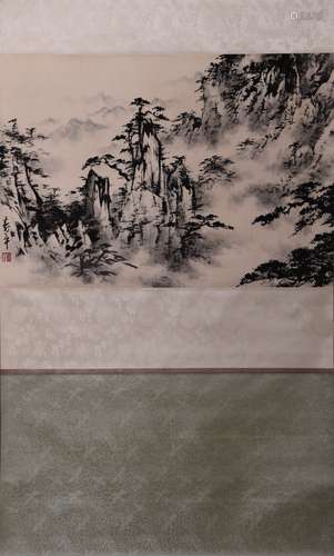 A Chinese Mountain Huang Landscape Painting Paper Scroll, Do...