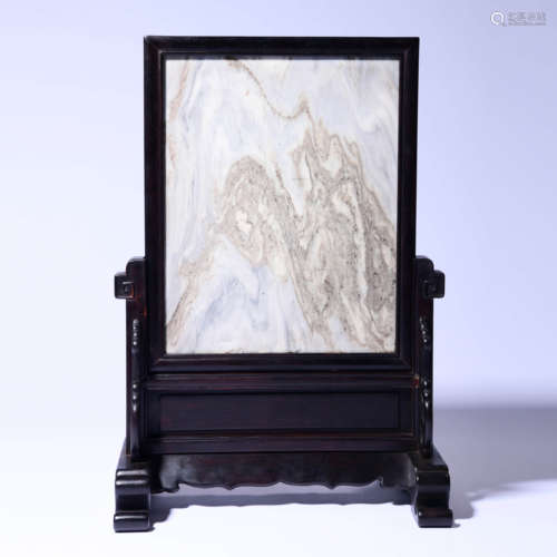 A Marble Stone Table Screen With Sandalwood Frame