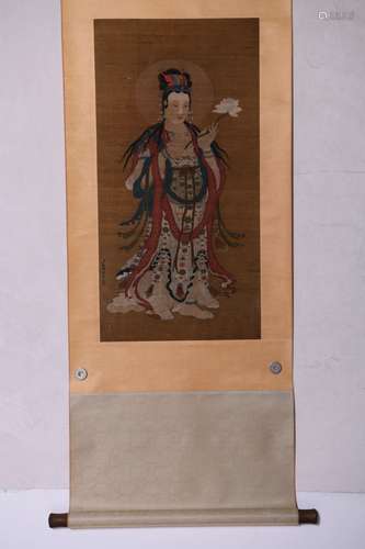 A Chinese Guanyin Statue Painting Silk Scroll, Ding Guanpeng...