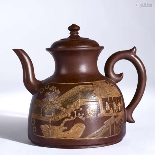 An Inscribed Purple Clay Figure Teapot