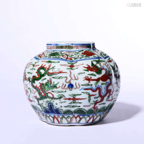 A Wucai Dragon Lobed Jar