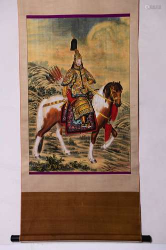 A Chinese Emperor And Horse Painting Silk Scroll, Lang Shini...