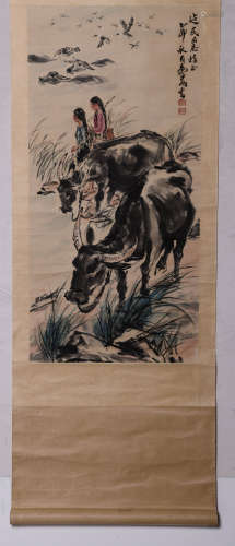 A Chinese Buffalo And Figure Painting Paper Scroll, Huang Zh...