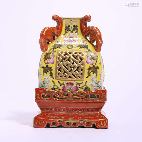 A Yellow-Ground Famille Rose Chilong-Eared Square Vase