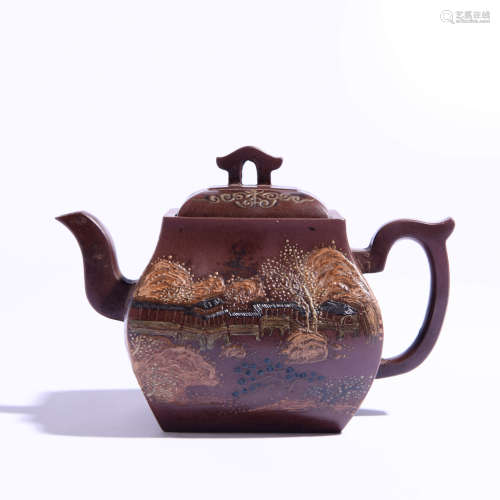A Polychromed Landscape Square Teapot