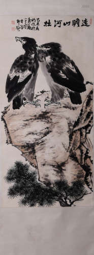 A Chinese Eagle And Stone Painting Paper Scroll, Li Kuchan M...