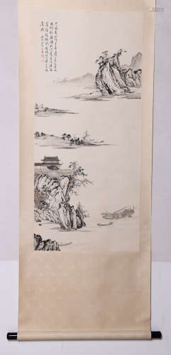 A Chinese Landscape Painting Paper Scroll, Pu Ru Mark