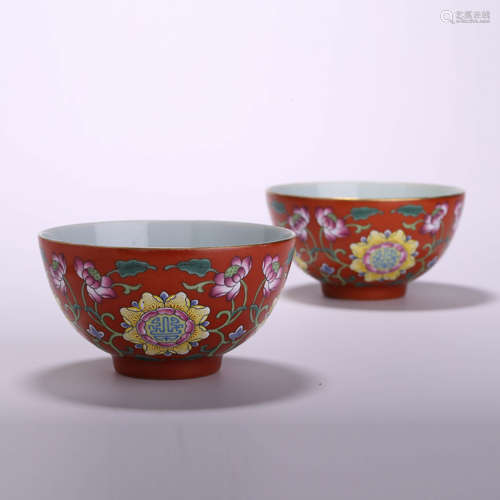 A Pair Of Red-Ground Famille Rose Flowers Bowls