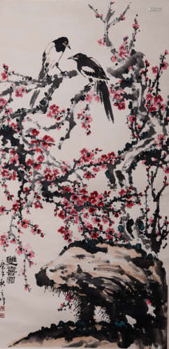 A Chinese Prunus Painting Paper Scroll, Sun Qifeng Mark