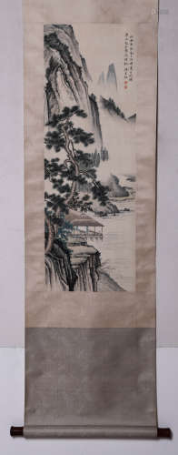 A Chinese Mountains And Pavilion Painting Silk Scroll, Chen ...