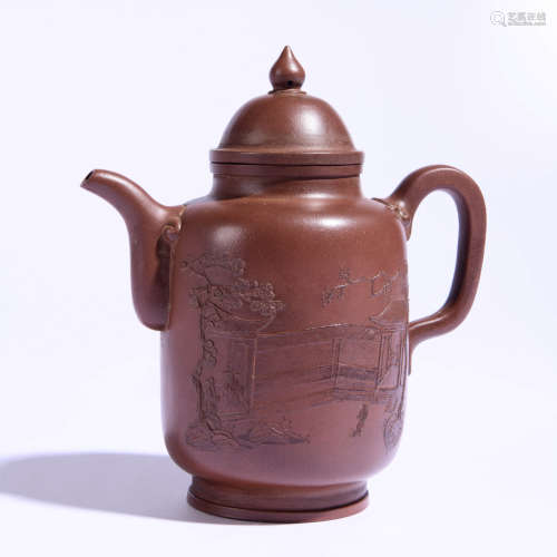 A Purple Clay Inscribed Figure Teapot