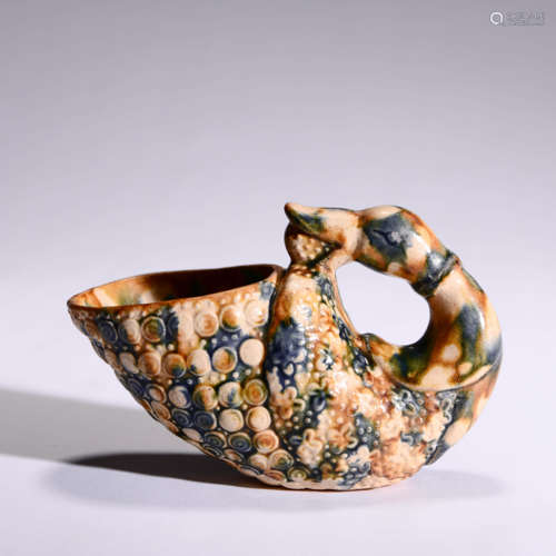 A Sancai-Glaze And Blue-Splashed Pottery Duck-Shaped Cup