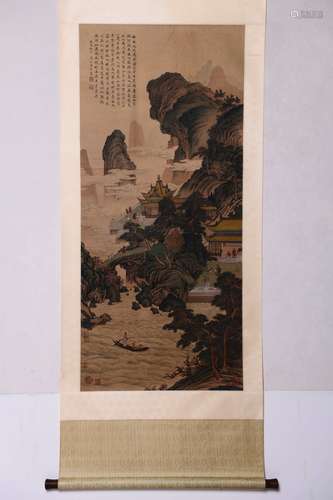 A Chinese Mountains And Pavilion Painting Silk Scroll, Dong ...