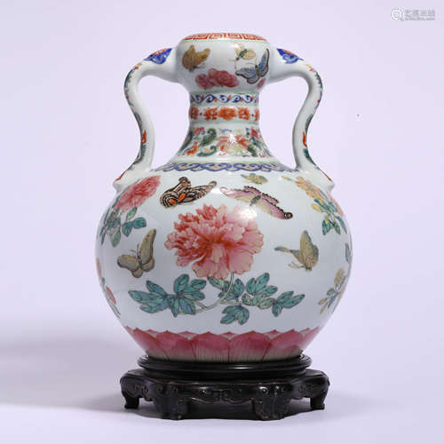 A Famille Rose Butterfly And Peony Gourd-Shaped Vase, Zun