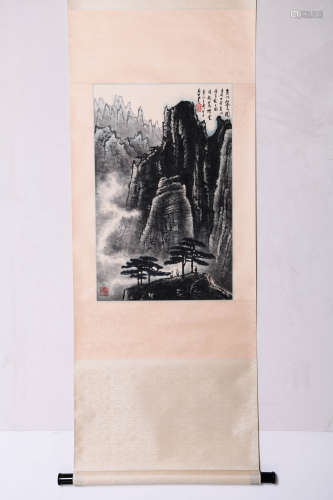 A Chinese Mountain Huang Scenery Painting Paper Scroll, Li K...