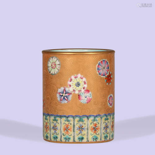 A Famille Rose Medallion Flowers Brush Pot