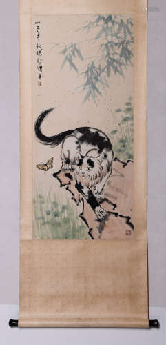 A Chinese Cat And Bamboo Painting Paper Scroll, Xu Beihong M...