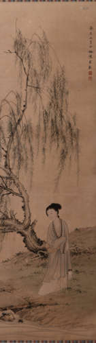 A Chinese Lady Painting Silk Scroll, Chen Shaomei Mark