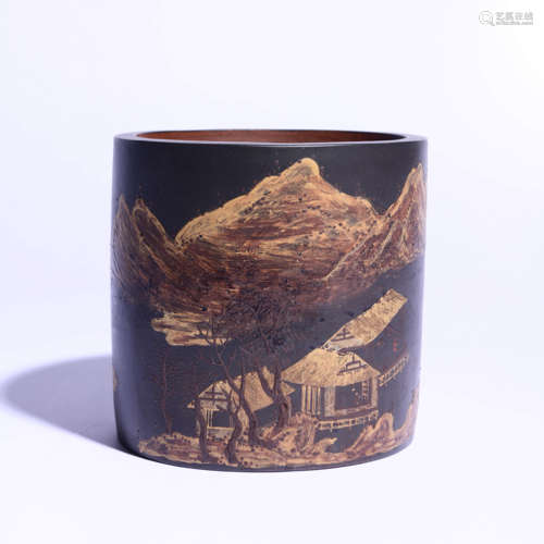 A Purple Clay Landscape Brush Pot By Yang Jichu