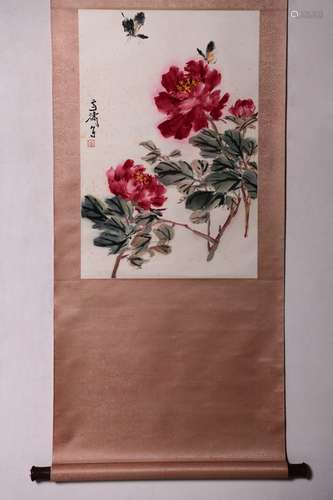 A Chinese Flowers And Butterfly Painting Paper Scroll, Wang ...