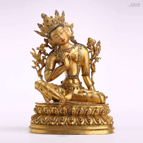 A Gems Inlaid And Gilt Bronze Statue Of Avalokitesvara