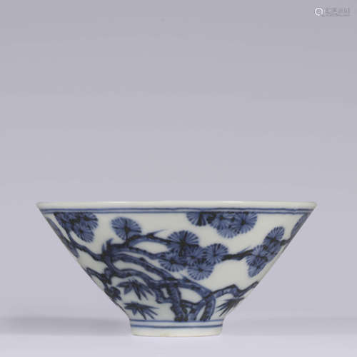 A Blue And White Prunus, Pine And Bamboo Conical Bowl