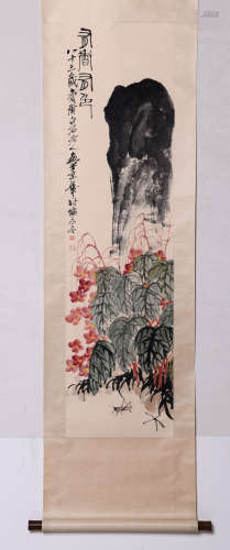 A Chinese Grapevine And Stone Painting Paper Scroll, Qi Bais...
