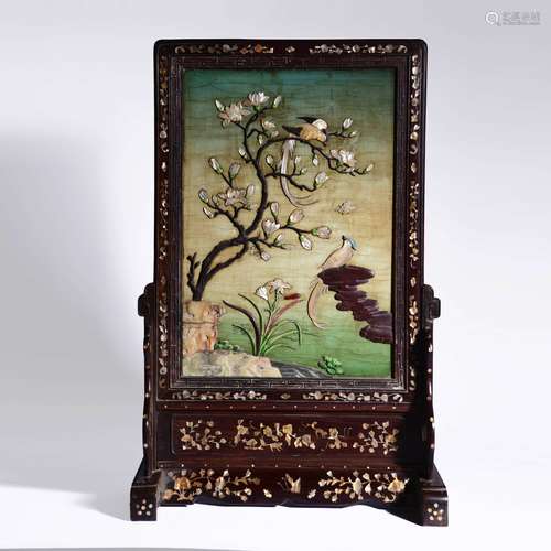 An Inlaid Rosewood Birds And Orchid Table Screen