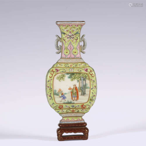 A Green-Ground Famille Rose Western Figure Wall Vase