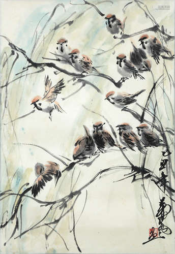 A Chinese Magpie Group Painting Paper Scroll, Huang Zhou Mar...