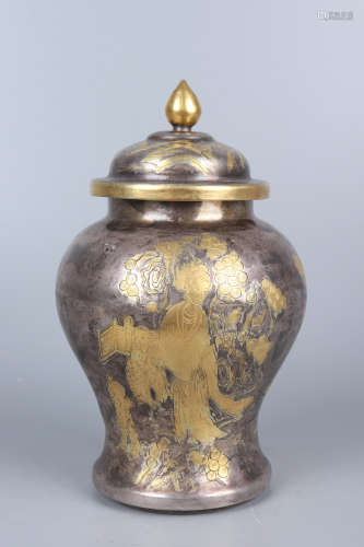 A PARCEL GILDING SILVER FIGURAL GINGER JAR AND COVER