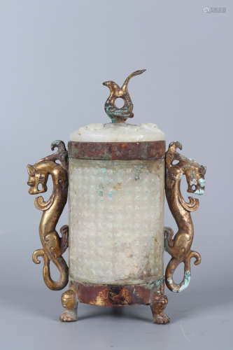 AN INLAID AND GILT JADE CYLINDRICAL INCENSE BURNER