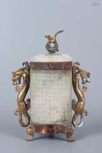 AN INLAID AND GILT JADE CYLINDRICAL INCENSE BURNER