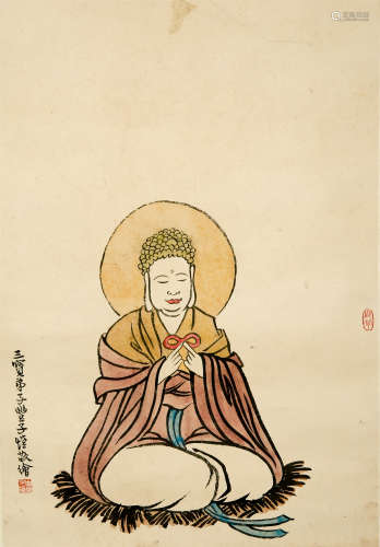 BUDDHA STATUE CHINESE PAINTING SCROLL, FENG ZIKAI MARK