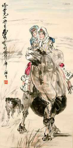 FIGURE AND DONKEY CHINESE PAINTING SCROLL, HUANG ZHOU MARK