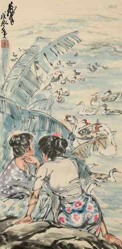 DUCKS AND FIGURE PAINTING SCROLL, HUANG ZHOU MARK