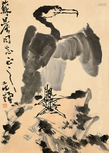 AN EAGLE CHINESE PAINTING SCROLL, LI KUCHAN MARK