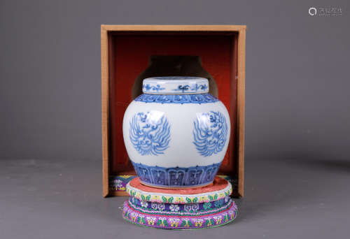 A BLUE AND WHITE PHOENIX OVOID JAR AND COVER