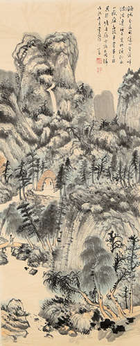 VERDANT MOUNTAINS AND FIGURE CHINESE PAINTING SCROLL, PU RU ...