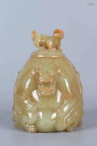 A GREENISH JADE BEAST-FORM INCENSE BURNER AND COVER